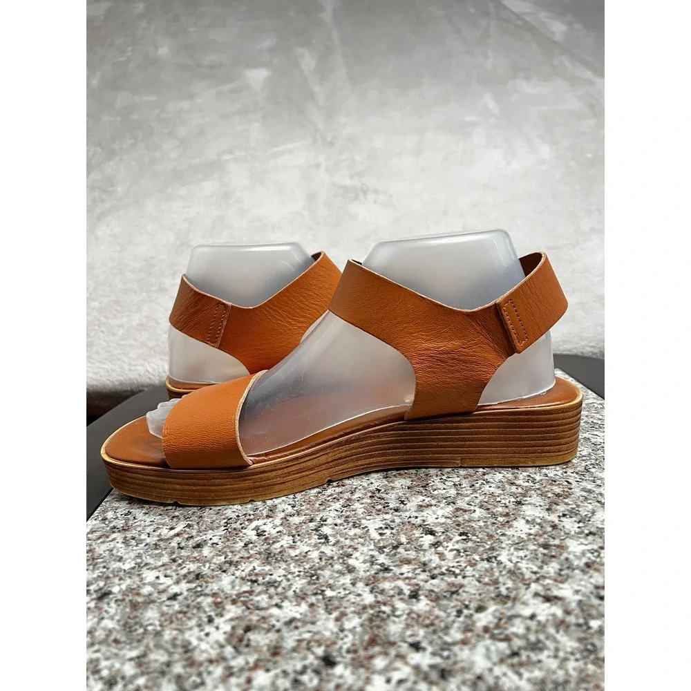 Steve‎ Madden Womens Cognac Brown Leather Platform Wedge Buckle Sandals Size 9